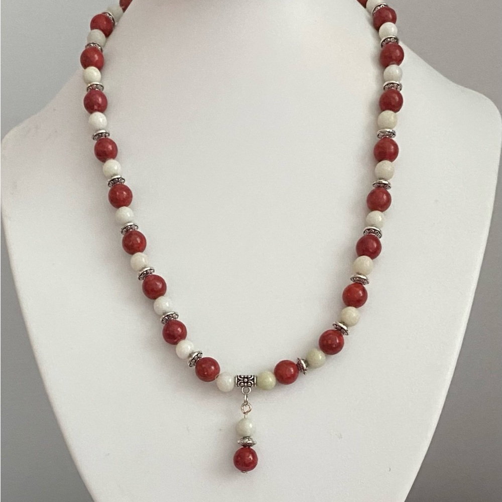 NEW Handcrafted Coral and Jade necklace - Strictly Canadian!